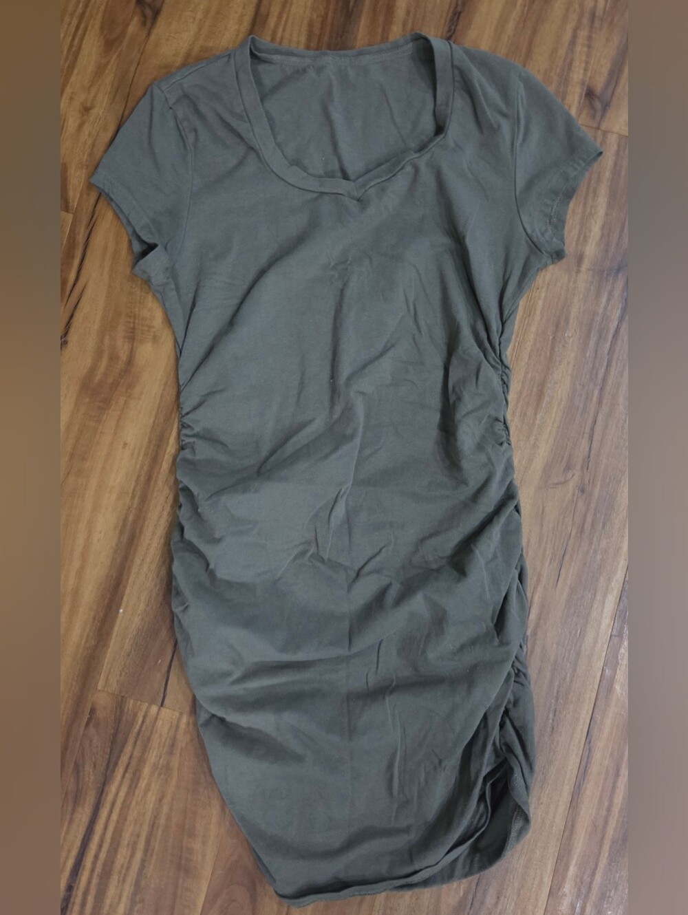 Olive Green Ruched T-Shirt Dress – Size Large